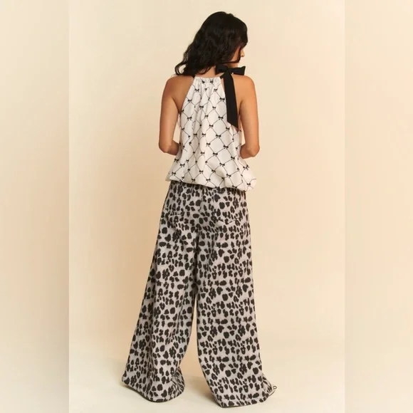 Davi & Dani Ribbon Checker Printed Tie Halter Neck Blouse Top🆕 - Picture 2 of 8